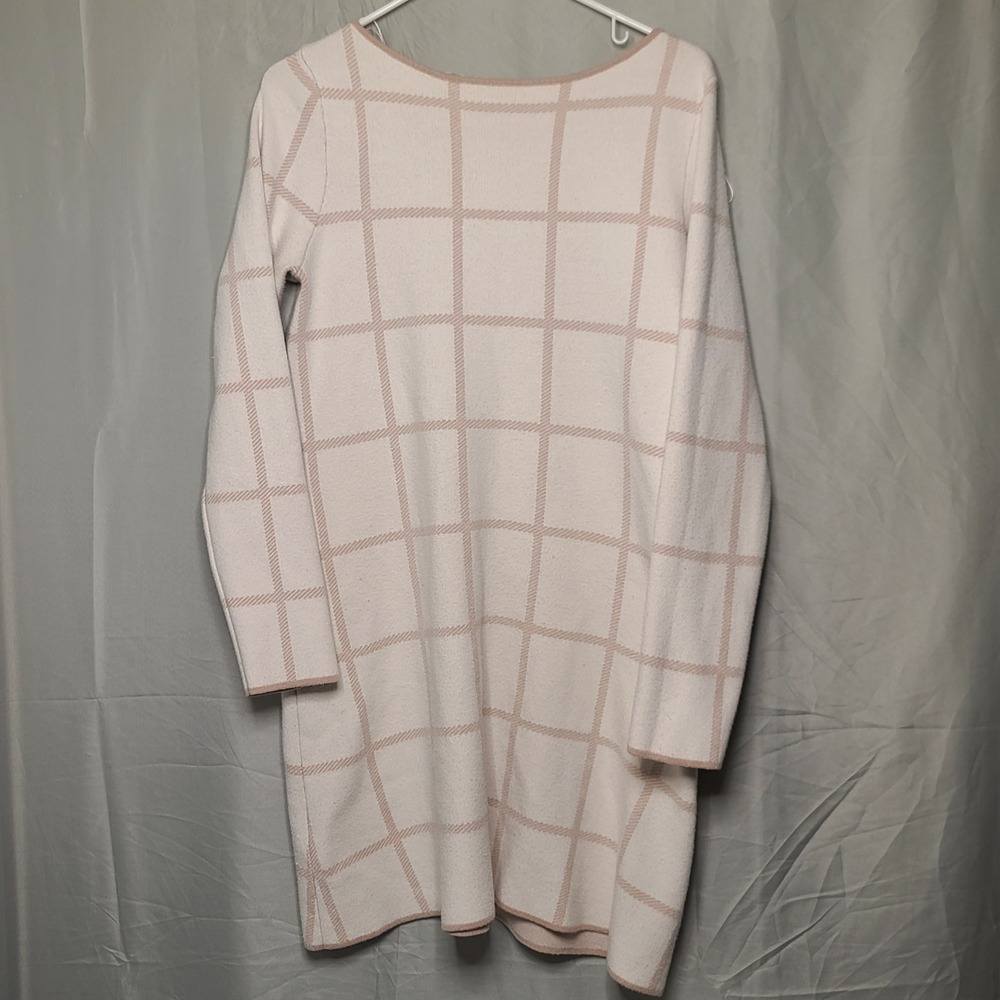 Tahari Sweater Dress Women L Cream Pink Windowpane Plaid Knit Boat Neck